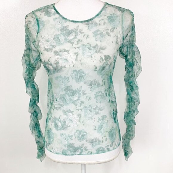 Zara Mesh Top S Green Floral Print Ruched Long Sleeve Sheer Trendy - Picture 5 of 16